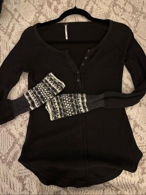 Free People Black Waffle Henley Top with Marled Gray Cuffs